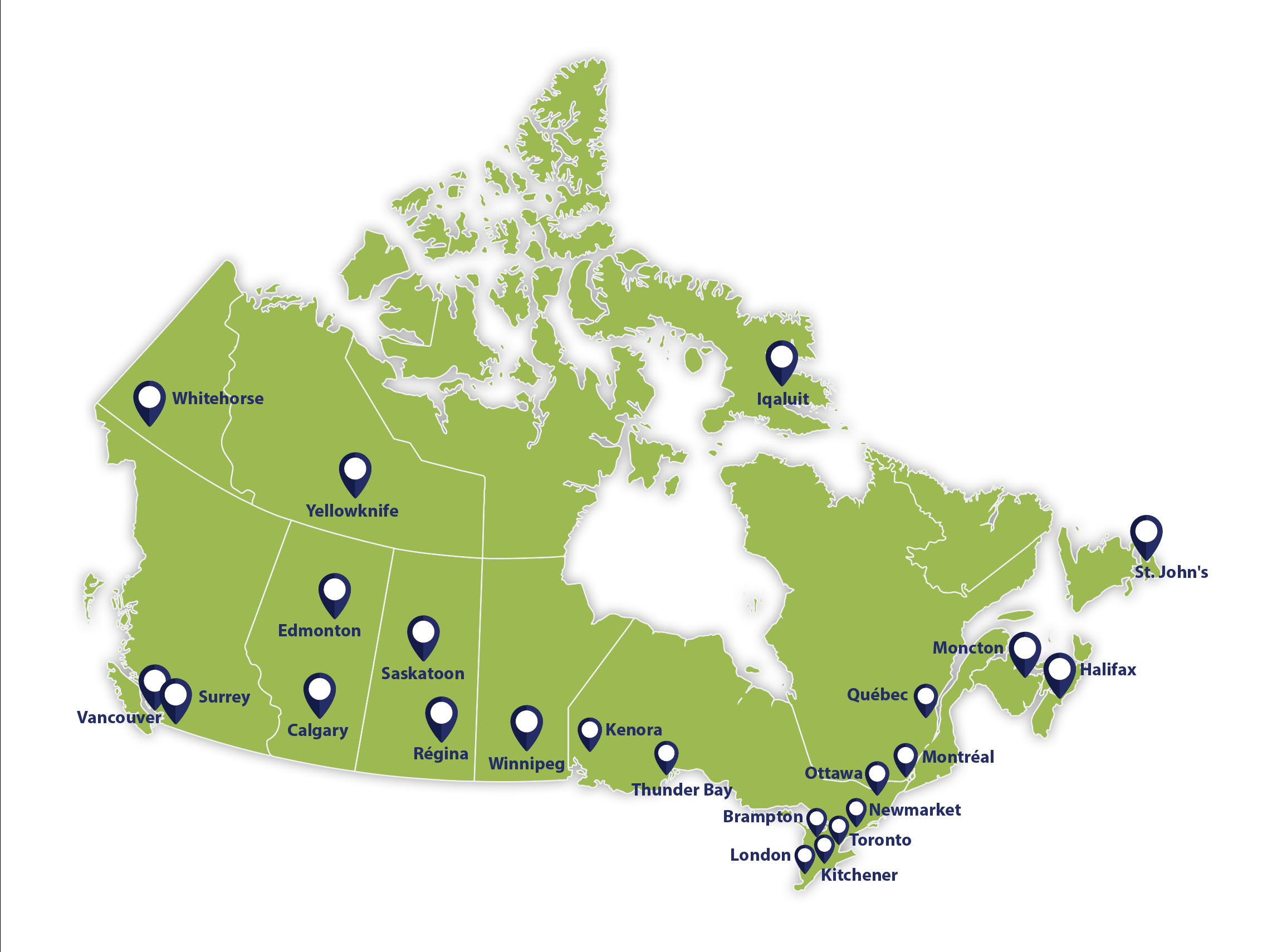 Nos bureaux sur la carte du Canada
